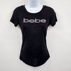 Bebe Rhinestone Logo Embellished Shirt Top Y2K Studded Short Sleeve Silver 2000